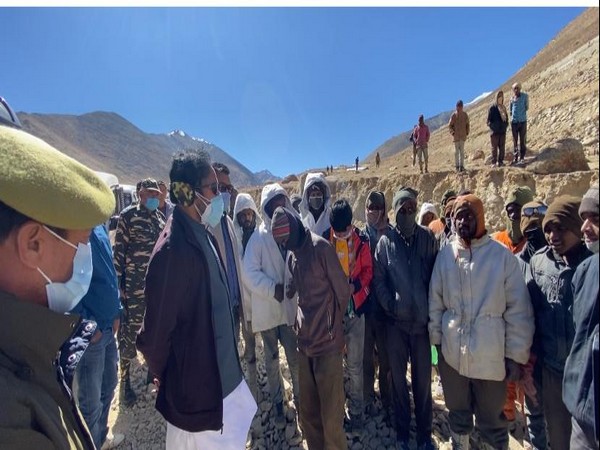 Minister of State for Home Affairs G Kishan Reddy while interacting with road workers in Leh