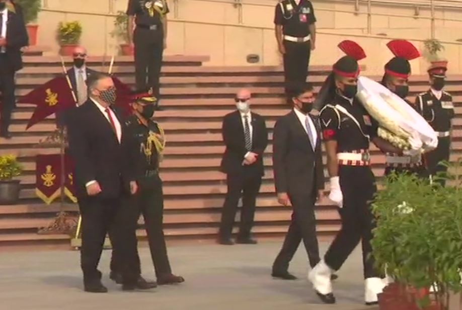 US Secretaries of State and Defence Mike Pompeo and Mark Esper lay wreath at National War Memorial on Tuesday