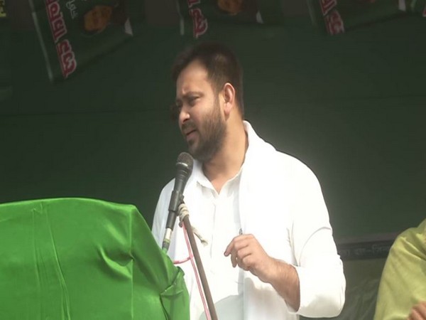 RJD leader Tejashwi Yadav speaking at an election rally in Saharsa on Thursday.