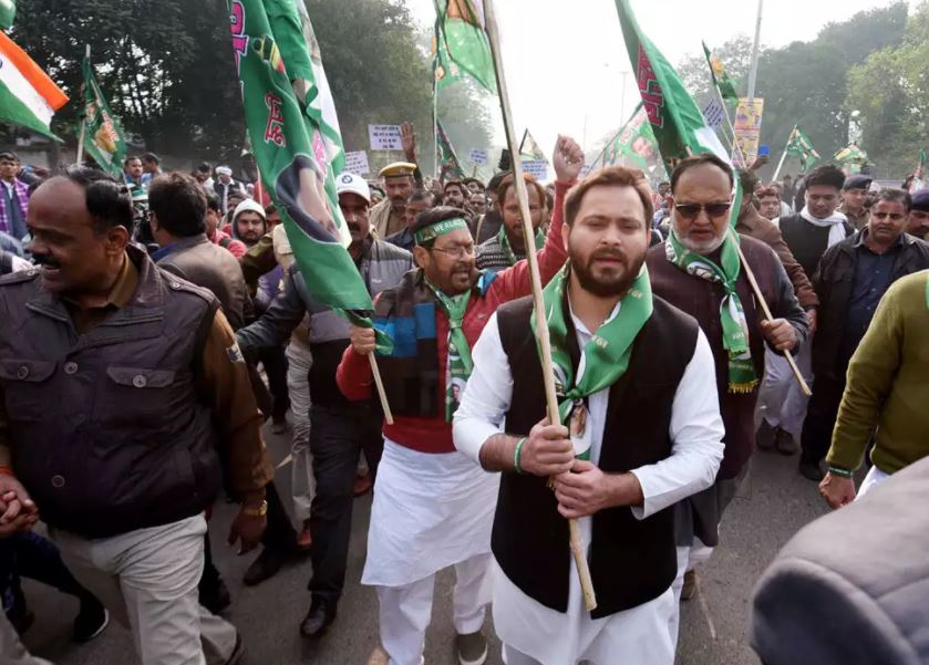 RJD leader Tejashwi Yadav during protets in Patna