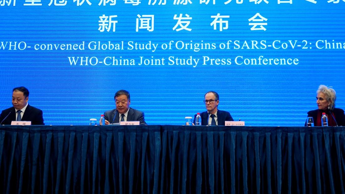 (R-L) Marion Koopmans and Peter Ben Embarek, members of the World Health Organization (WHO) team tasked with investigating the origins of the coronavirus disease (COVID-19), Liang Wannian, head of expert panel on COVID-19 response at China's National Health Commission, and Chinese National Health Commission spokesman Mi Feng attend the WHO-China joint study news conference at a hotel in Wuhan,