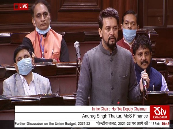 Union Minister of State for Finance Anurag Thakur speaking in Rajya Sabha on Friday.