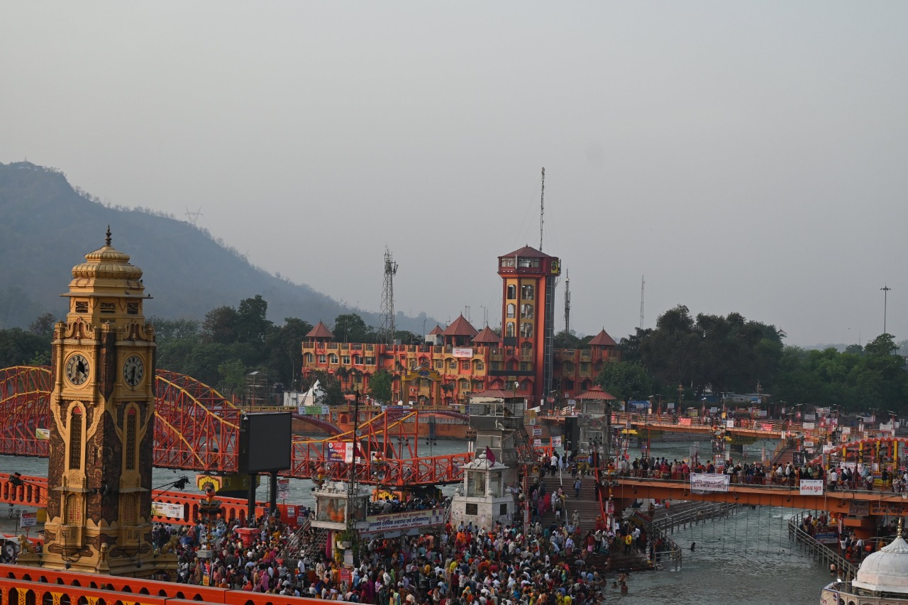 Sadhus of various akharas taking part in the 'shah snan' at Har Ki Pauri in Haridwar