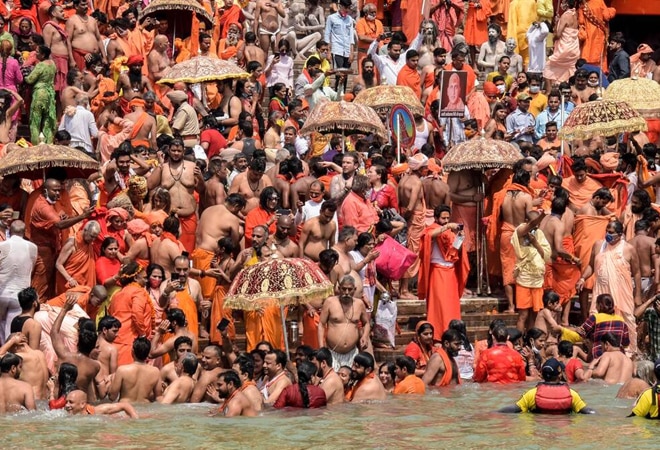 Sadhus of various akharas taking part in the 'shah snan' at Har Ki Pauri in Haridwar