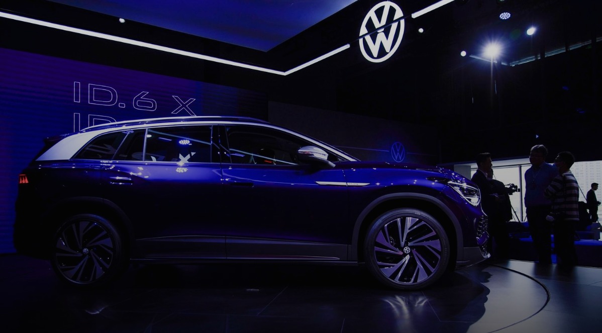 A Volkswagen ID.6 X is displayed ahead of the Shanghai Auto Show