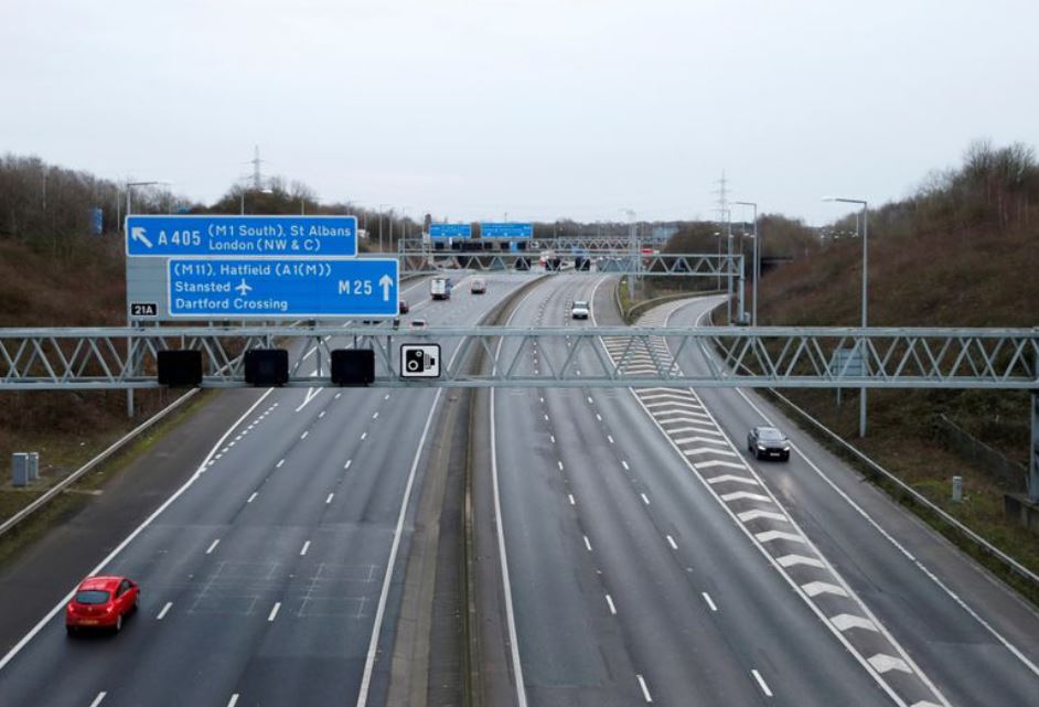 The M25 motorway during morning rush hour, amid the coronavirus disease (COVID-19) outbreak, in Hertfordshire