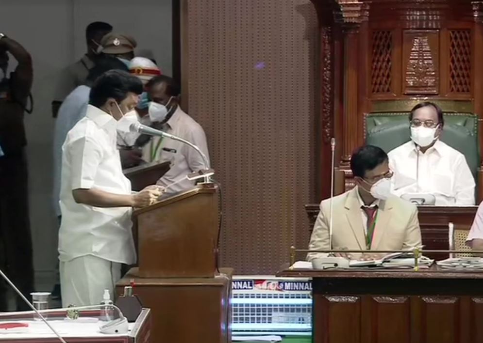 M K Stalin taking oath as MLA in Tamil Nadu Assembly.