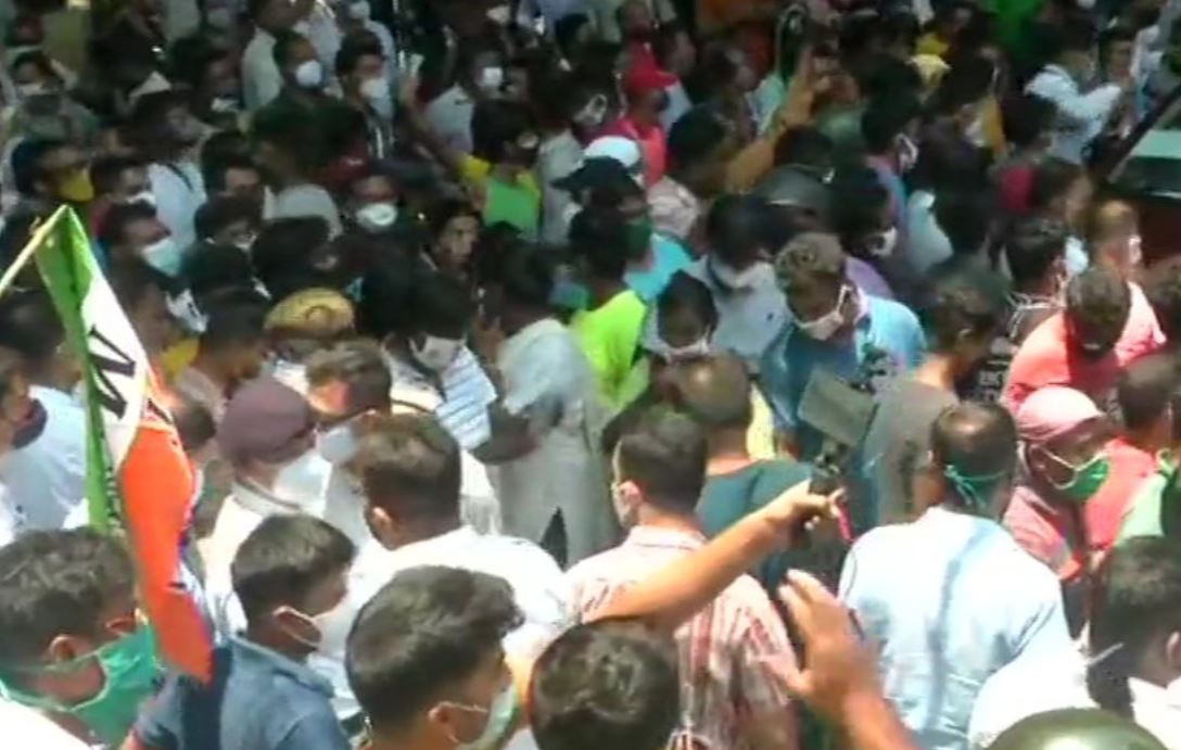 TMC supporters protesting outside CBI office in Kolkata.