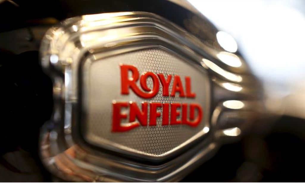 The logo of Royal Enfield is pictured on a bike at Royal Enfield