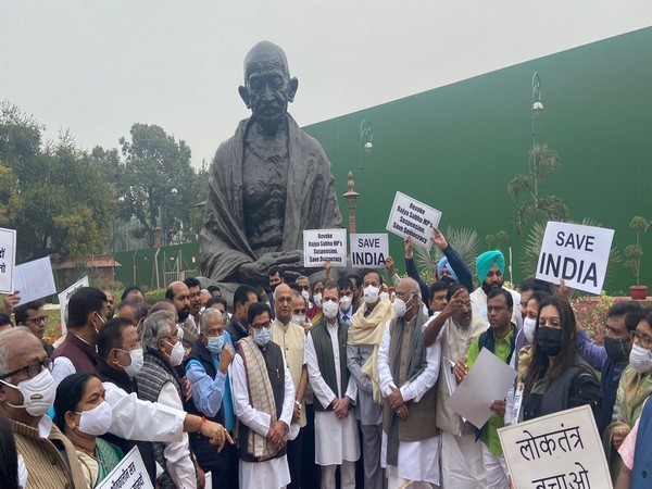 Visuals from the protest of Opposition leaders in Parliament on Wednesday.