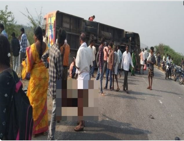 Bus overturned near Pavagada, Tumakuru