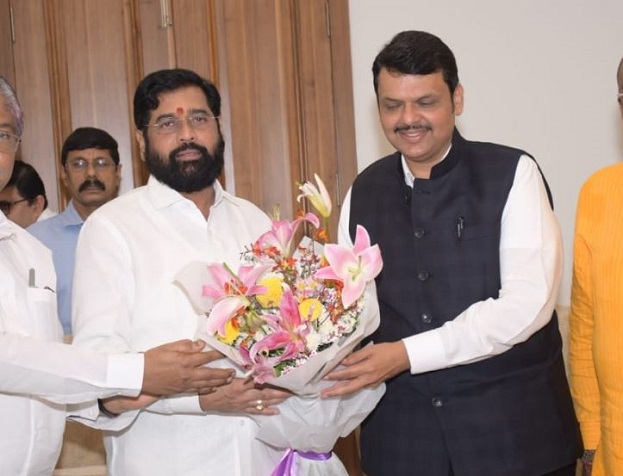 Eknath Shinde, (right) Devendra Fadnavis greeting each other