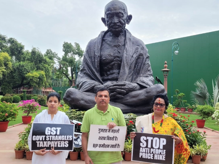 TMC MPs Shanta Chhetri, Mausam Noor and AAP MP Sanjay Singh protest in the Parliament premises