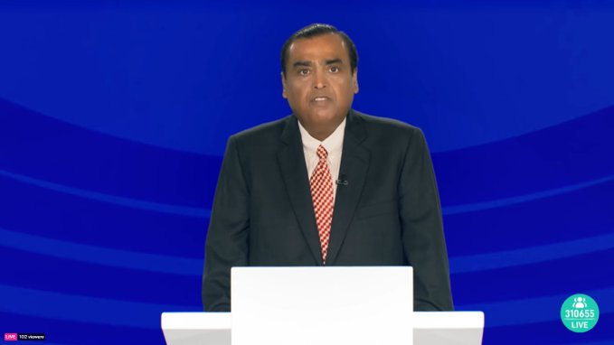 Reliance chairman Mukesh Ambani addressing the shareholders at the Annual General Meeting