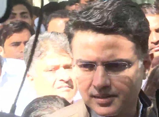 Sachin Pilot talking to reporters in Jaipur