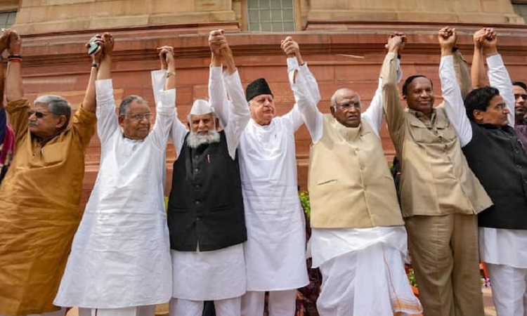 Oppn MPs form human chain outside Parliament to protest against Adani row