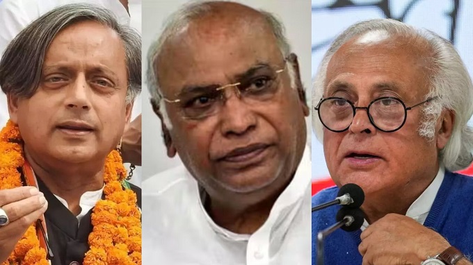 From left: Shashi Tharoor, Mallikarjun Kharge, Jairam Ramesh