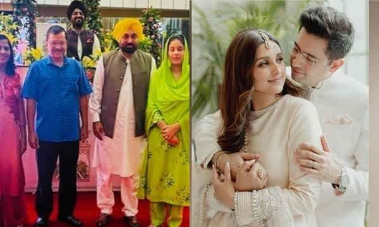 Arvind Kejriwal with wife Sunita Kejriwal, Bhagwant Mann with wife Gurpreet Kaur (Parineeti Chopra, Raghav Chadha)