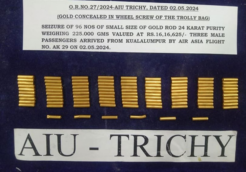 Gold rods concealed in the bottom wheels screws of three trolly bags seized at Tiruchy Airport