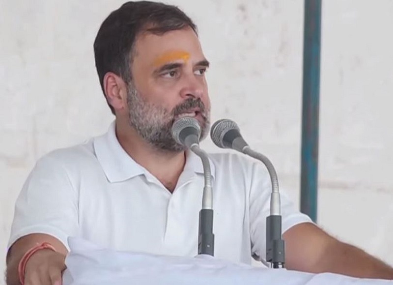 Congress leader Rahul Gandhi at a public rally in Rae Bareli