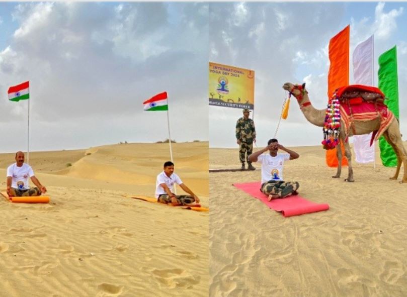 BSF jawans performing Yoga on sand dunes in Jaisalmer