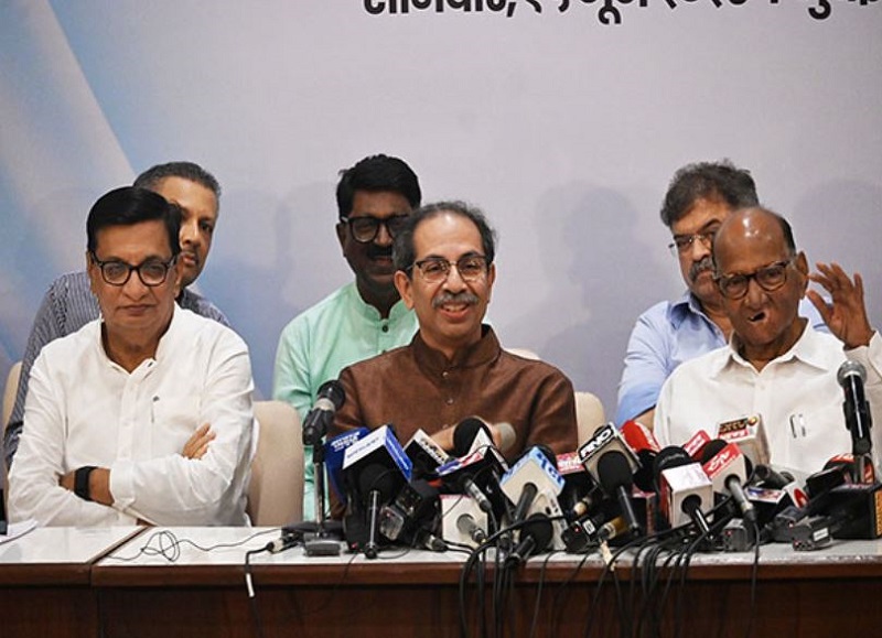 Congress leader Balasaheb Thorat, Shiv Sena (UBT) Chief Uddhav Thackeray, and NCP-SP Chief Sharad Pawar (from left to right)