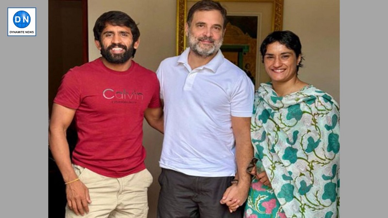 LoP Rahul Gandhi with wrestlers Bajrang Punia and Vinesh Phogat