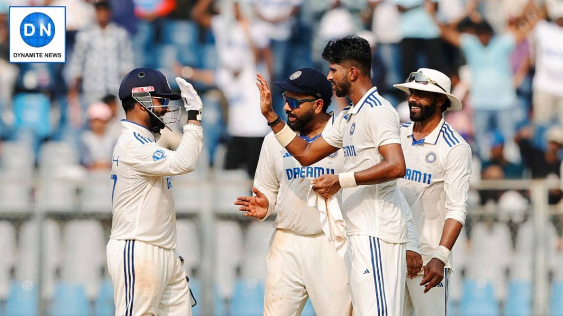 Indian team celebrates dismissal of Kiwi batter