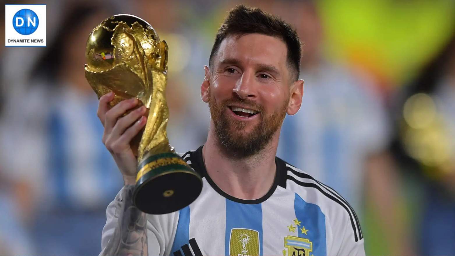 Argentina football team captain Lionel Messi with FIFA World Cup Trophy