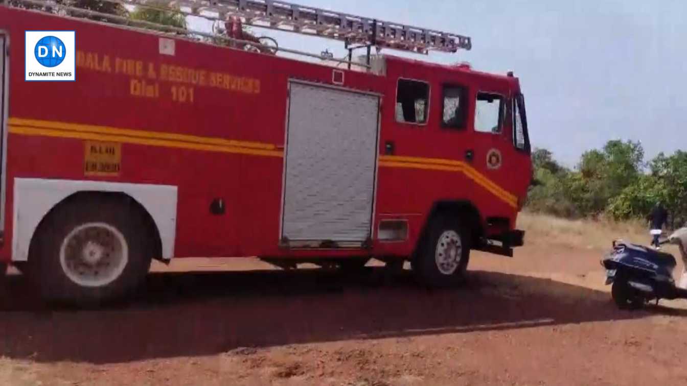 Fire services extinguishing fire at cashew orchard in Kannur