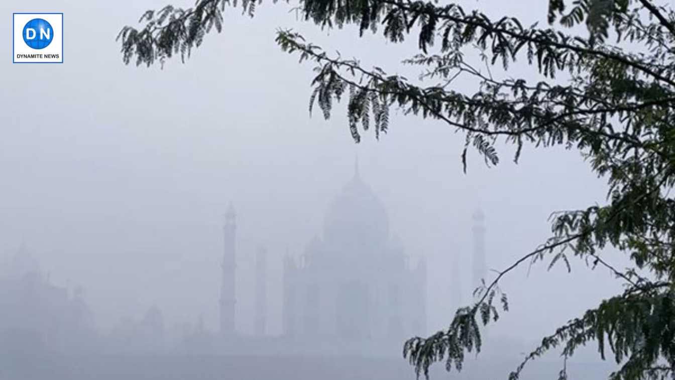 fog envelopes around Taj Mahal