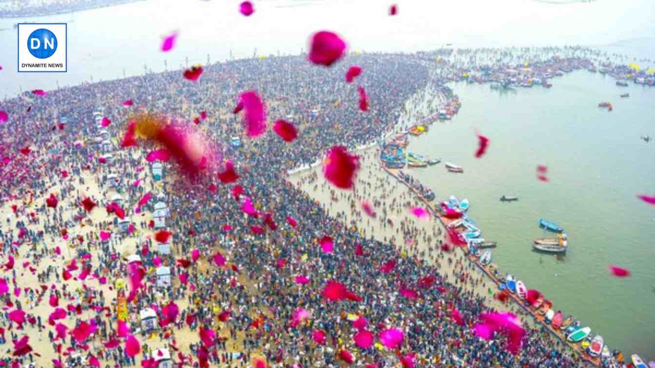 Flower petals being showered on devotees at Maha Kumbh 2025.