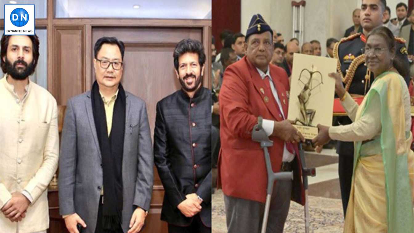 Kiren Rijiju with Kartik Aaryan and Kabir Khan, Murlikant Petkar with President of India