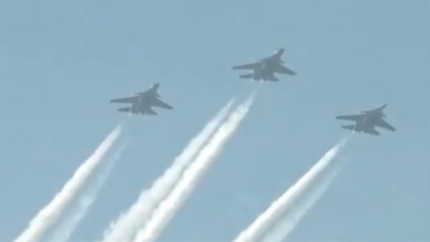 Su-30MKI aircraft displays aerobatics during the Flying Past