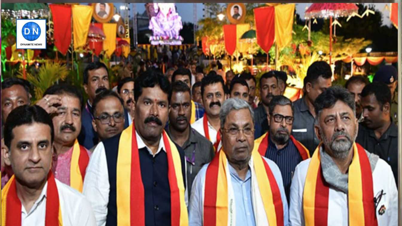 Karnataka CM Siddaramaiah and cabinet members at statue of Nadadevi Bhuvaneshwari