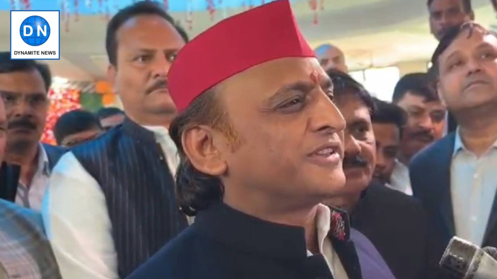 SP chief Akhilesh Yadav talks to reporters in Agra