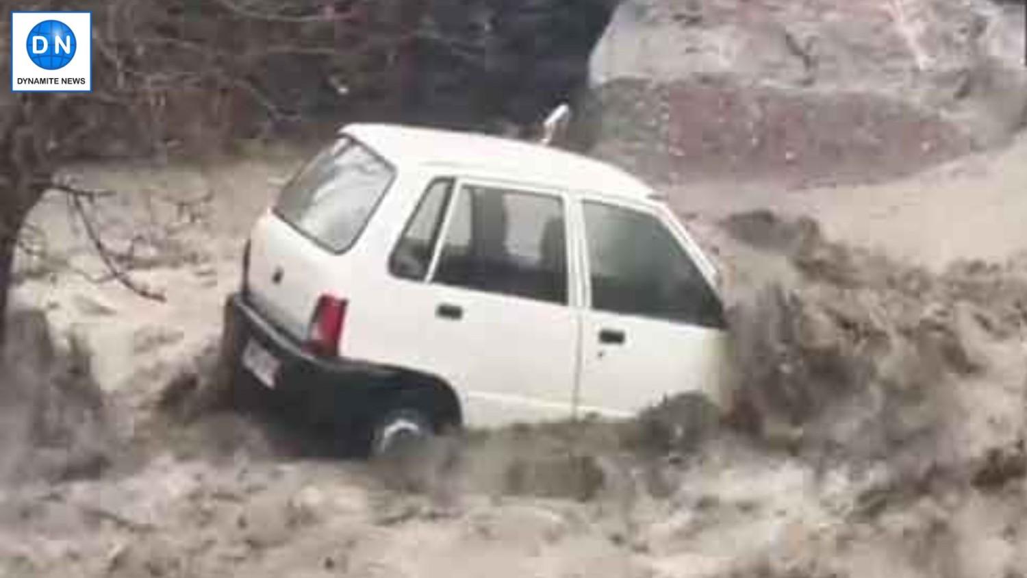 Car damaged due to floods and landslide in Kullu